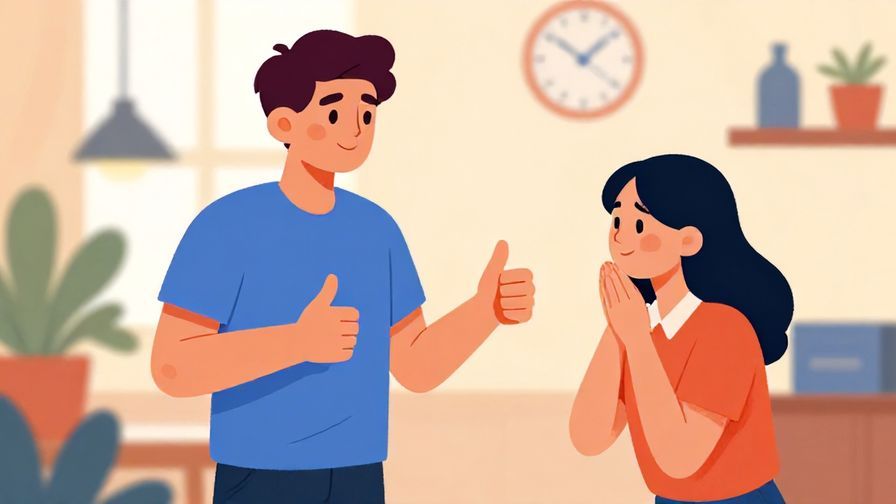 Illustration%20of%20a confident person giving a thumbs-up to another person who looks relieved, bright indoor setting, vibrant colors, illustrated style