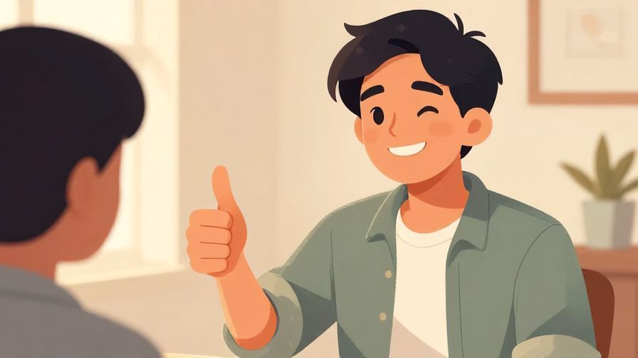 Illustration%20of%20a confident person giving a thumbs-up with a friendly grin, casual setting with warm tones, illustrated style