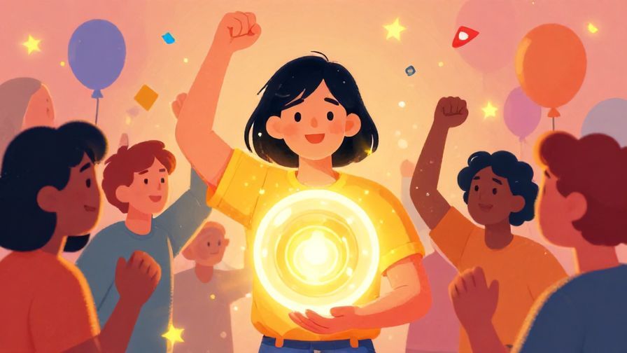 Illustration%20of%20a confident person holding a glowing orb representing victory, surrounded by cheering friends in a festive setting, bright colors, illustrated style