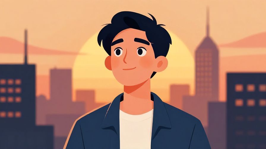 Illustration%20of%20a confident person looking ahead with hopeful eyes, cityscape background at sunset, stylized illustration