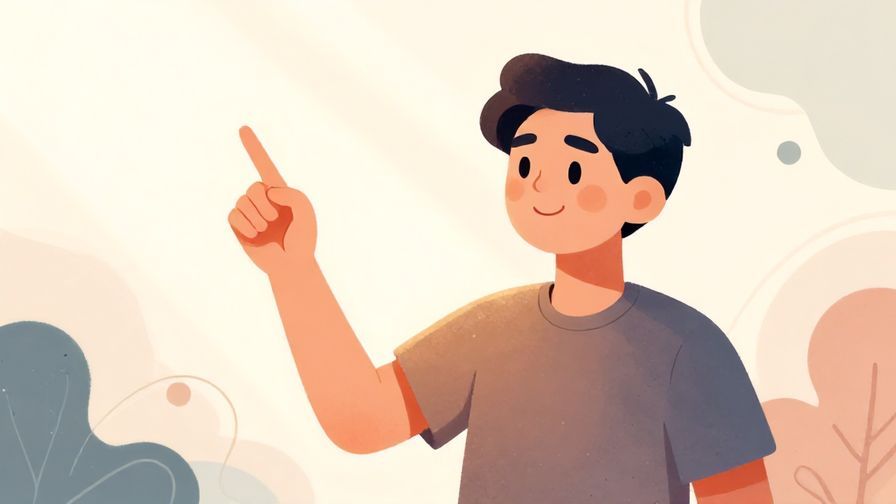 Illustration%20of%20a confident person pointing slightly upward with a calm smile, detailed background with abstract shapes and soft light rays, illustrated style