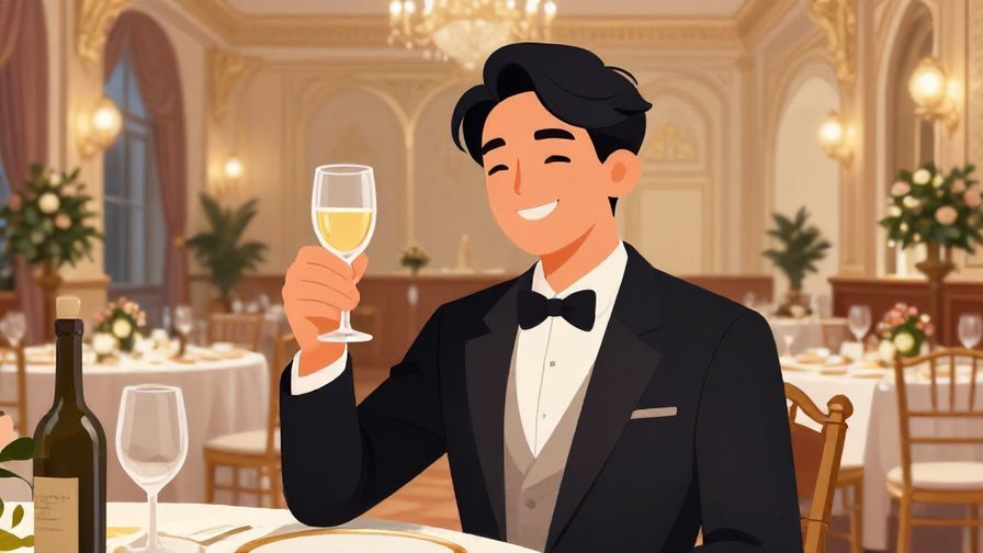 Illustration%20of%20a confident person smiling and raising a glass in a formal dinner setting, elegant colors, detailed background of a banquet hall, illustrated style