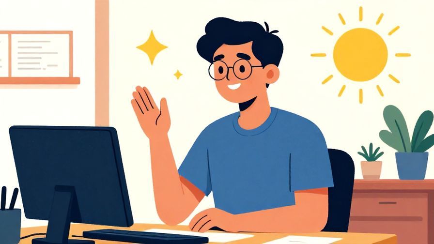 Illustration%20of%20a confident person smiling politely with sun rays in the background, office environment, vibrant colors, illustrated style