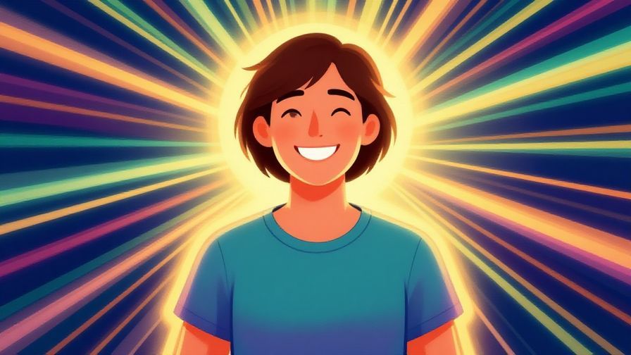 Illustration%20of%20a confident person smiling with a glowing aura, surrounded by soft light rays, vibrant colors, illustrated style