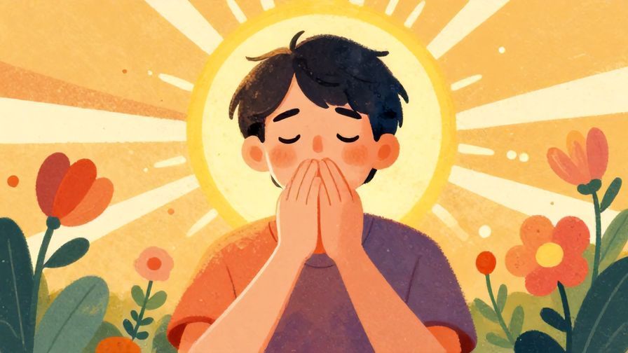 Illustration%20of%20a confident person taking a deep breath before a big event, with rays of sun shining and gentle flowers around, vibrant colors, illustrated style