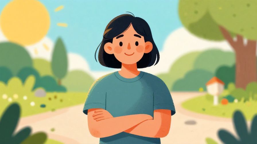 Illustration%20of%20a confident person with a gentle smile, standing with arms crossed, sunny outdoor setting, vibrant colors, illustrated style