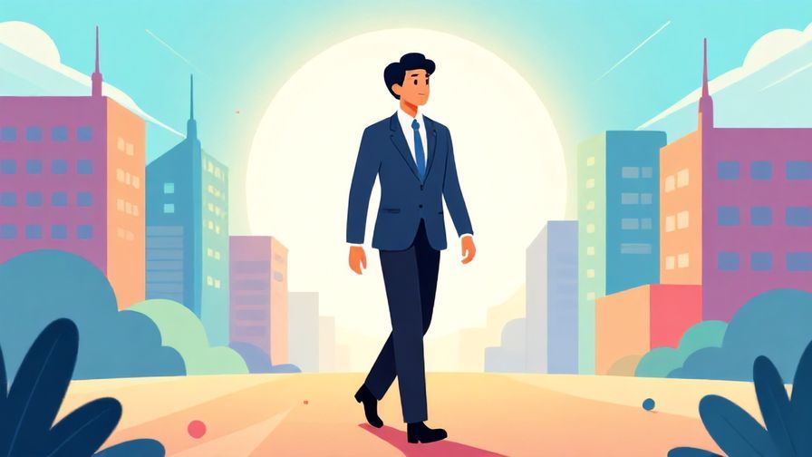 Illustration%20of%20a confident professional%20walking%20towards%20a%20bright%20future%20with%20cityscape%20behind%20them%2C%20vibrant%20colors%2C%20illustrated%20style