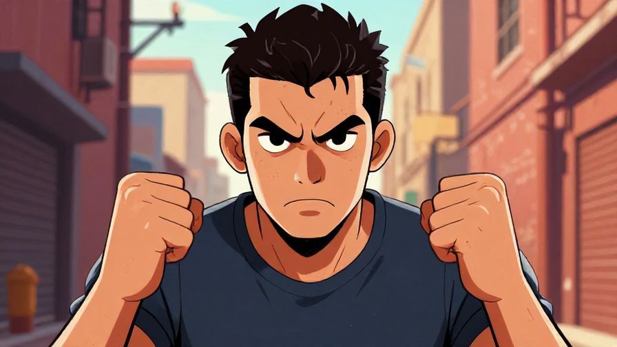 Illustration%20of%20a confident, tough-looking character clenching fists with fierce eyes, urban alley background, bold colors, illustrated style