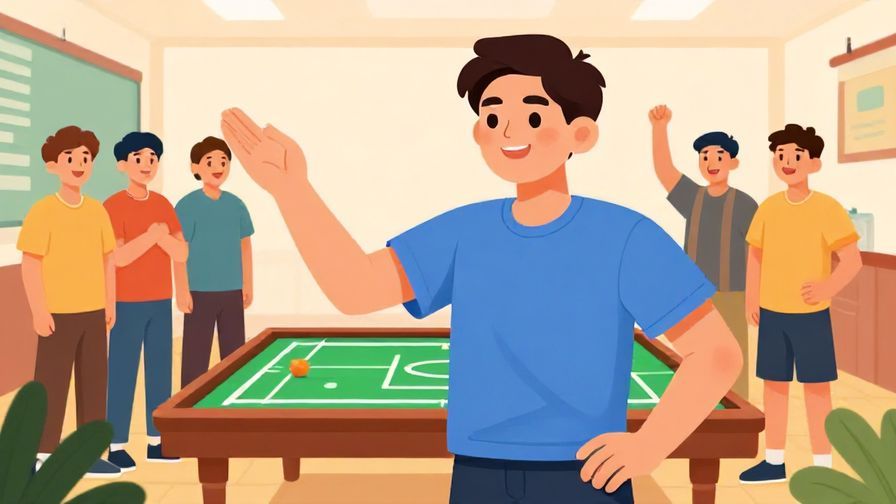 Illustration%20of%20a confident young man gesturing forward as if saying%20it%27s%20his%20turn%2C%20with%20other%20players%20waiting%20cheerfully%20behind%20him%2C%20colorful%20game%20room%2C%20illustrated%20style