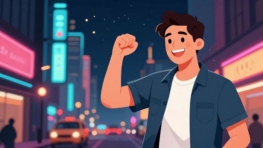 Illustration%20of%20a confident young man giving a fist pump with a big grin, urban night scene, colorful neon lights, illustrated style