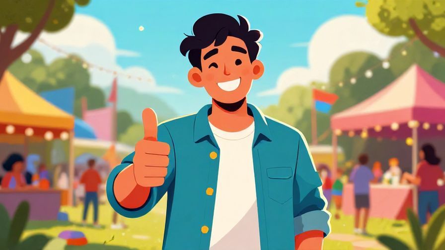 Illustration%20of%20a confident young man giving a thumbs up with a big grin, outdoor festival background, vibrant colors, illustrated style