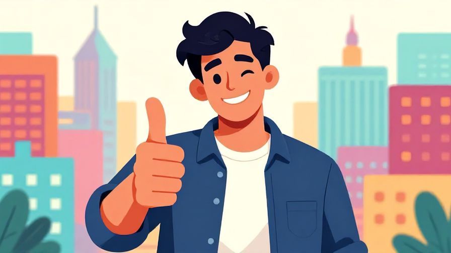 Illustration%20of%20a confident young man giving a thumbs-up with a playful grin, colorful cityscape background, illustrated style