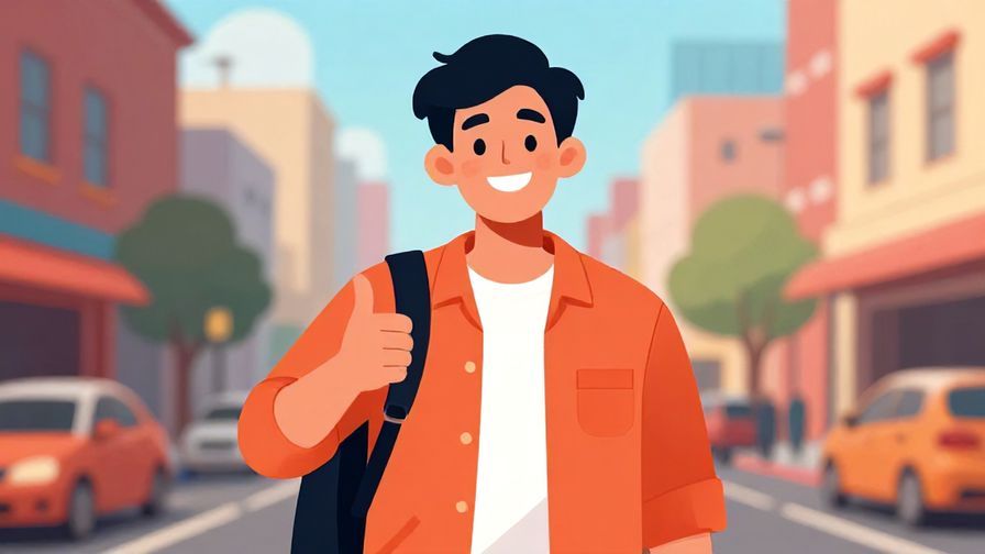 Illustration%20of%20a confident young man giving a thumbs up with a grin, city street background, vibrant colors