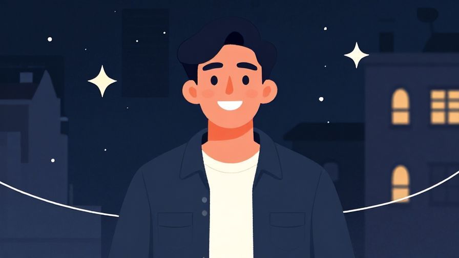 Illustration%20of%20a confident young man grinning, in a casual urban setting with stars and curved lines