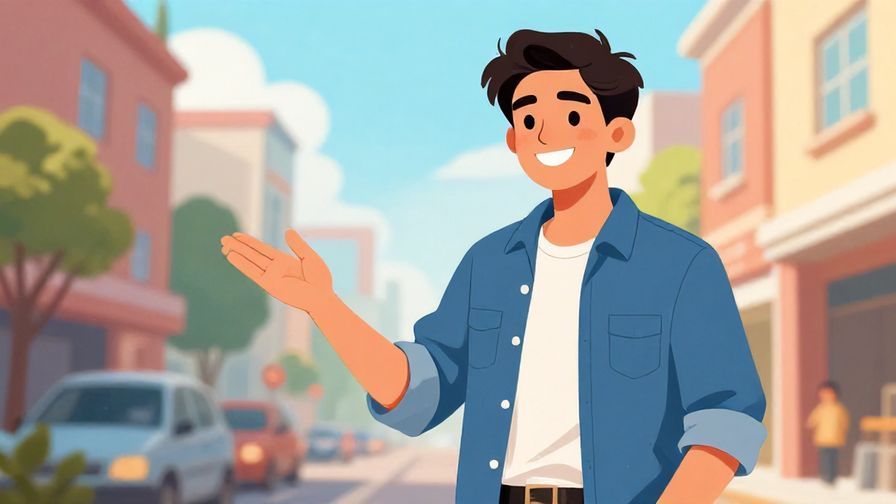 Illustration%20of%20a confident young man introducing himself with a casual grin%2C urban setting%2C bright colors%2C illustrated style