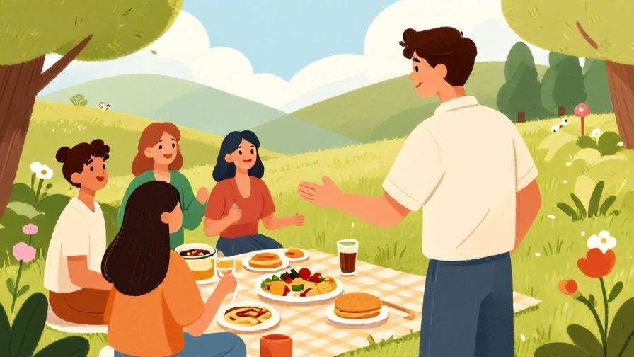 Illustration%20of%20a confident young man inviting friends to eat%2C outdoor picnic, lively expressions, bright colors, illustrated style