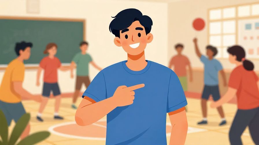 Illustration%20of%20a confident young man pointing at himself with a grin%20in%20a%20vibrant%20group%20game%20setting%2C%20illustrated%20style