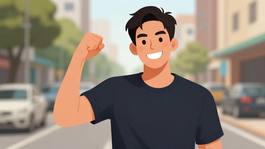Illustration%20of%20a confident young man pumping his fist with a grin, casual street background