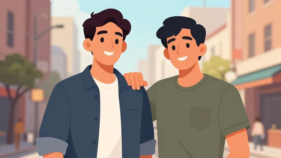 Illustration%20of%20a confident young man with a friendly smirk, standing with a hand on a friend’s shoulder, urban setting