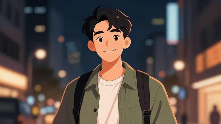 Illustration%20of%20a confident young man with a friendly smirk, urban night background