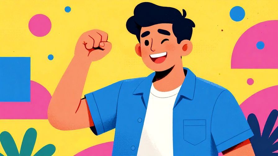 Illustration%20of%20a confident young man with a grin, making a fist of excitement in a lively setting, vibrant colors, illustrated style