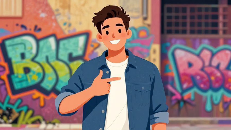 Illustration%20of%20a confident young man with a playful smile pointing to himself, casual urban background with graffiti art, vibrant colors, illustrated style