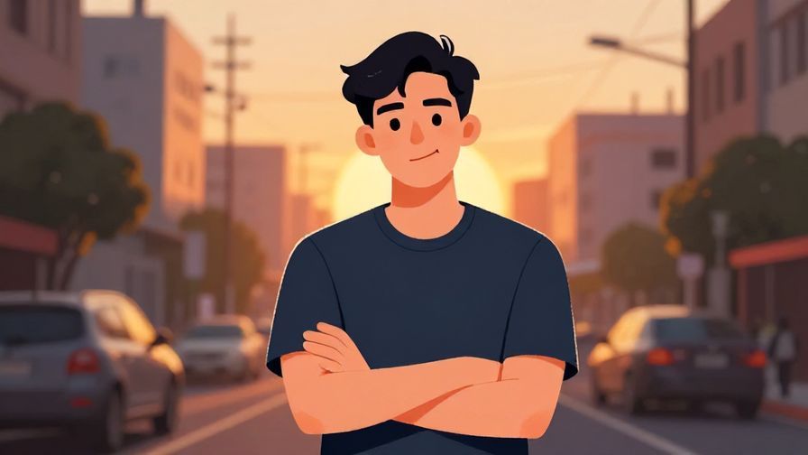 Illustration%20of%20a confident young man with arms crossed, smirking slightly, urban street background with sunset, illustrated style