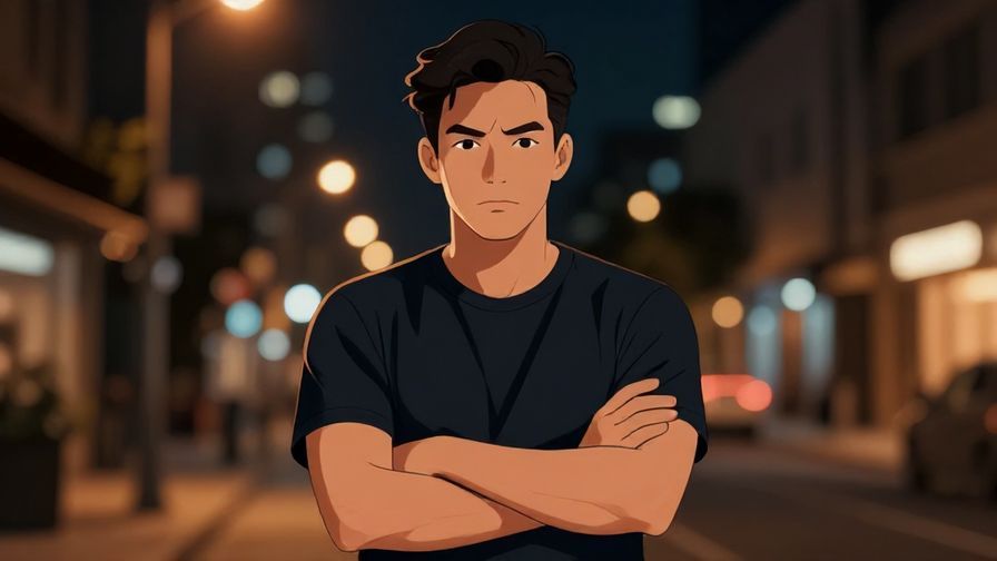 Illustration%20of%20a confident young man with crossed arms, looking relaxed and slightly assertive, urban nighttime background.