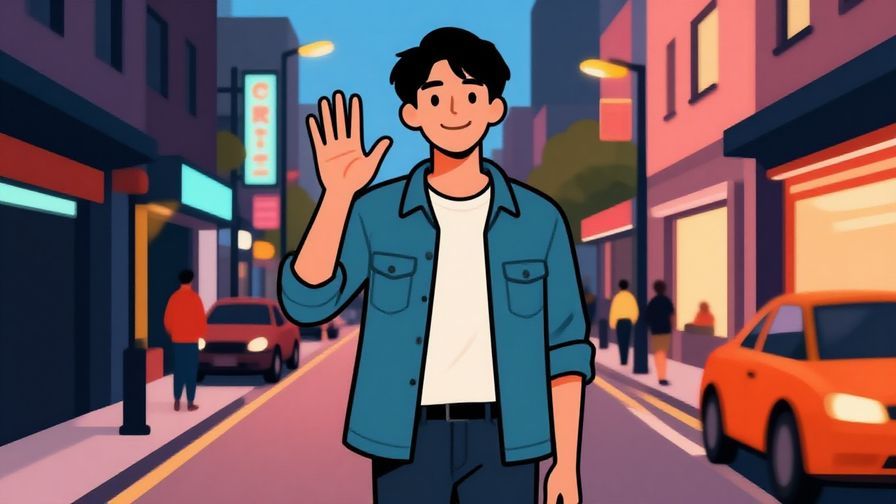 Illustration%20of%20a confident young person greeting with a casual wave in an urban evening street%2C%20vibrant%20colors%2C%20illustrated%20style