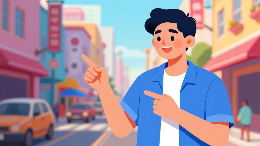 Illustration%20of%20a confident young person pointing gently while smiling, vibrant city street background, colorful and lively atmosphere, illustrated style