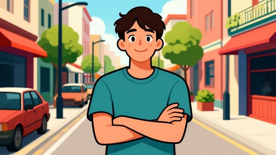 Illustration%20of%20a confident young person with arms crossed standing in a sunny street with lively colors, smiling with bright eyes, illustrated style