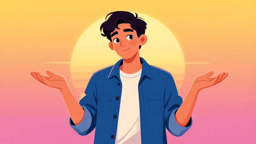 Illustration%20of%20a cool, laid-back young person shrugging with a sunrise in the background, vibrant colors