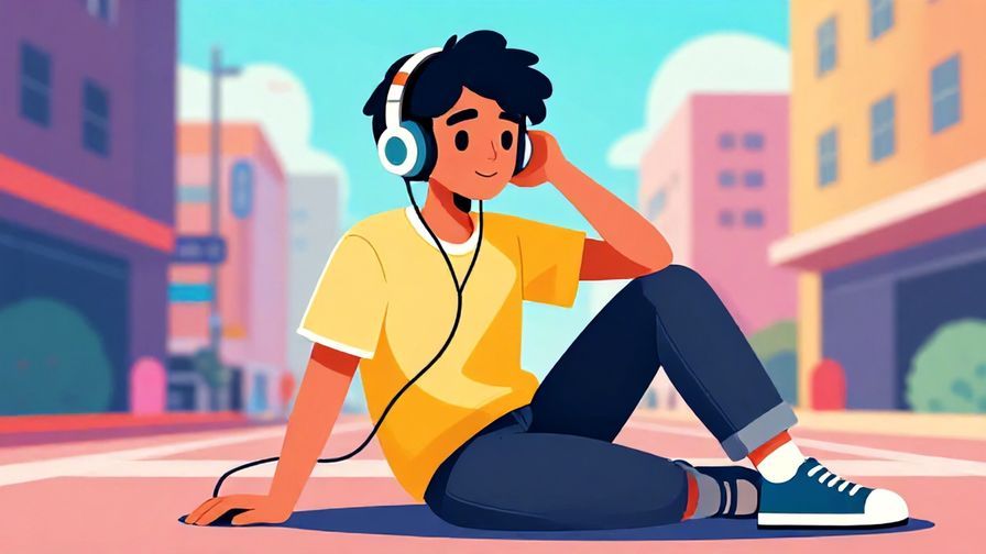 Illustration%20of%20a cool teenager with headphones, relaxed pose, colorful urban background
