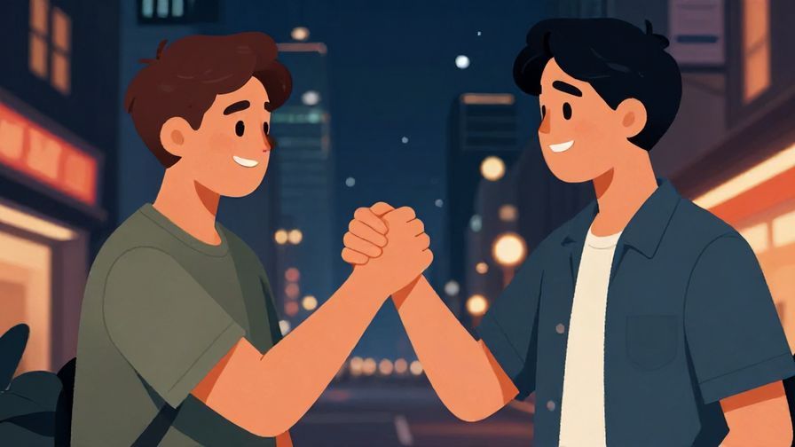 Illustration%20of%20a cool young man with a confident grin, giving a supportive fist bump, urban night background, illustrated style