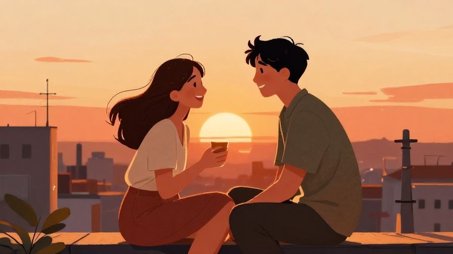 Illustration%20of%20a couple sitting closely together on a rooftop at sunset, sharing a heartfelt laugh, warm colors, illustrated style