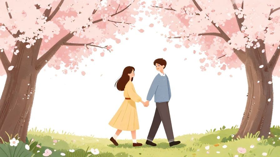 Illustration%20of%20a couple walking hand-in-hand under cherry blossoms, soft, romantic atmosphere