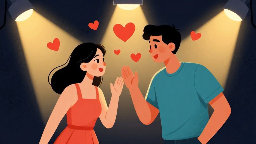 Illustration%20of%20a couple%20acting%20out%20a%20dramatic%20scene%20with%20theatrical%20lights%20and%20hearts%20floating%20around%20them%2C%20casual%20and%20expressive%20style%2C%20vibrant%20colors%2C%20illustrated%20style