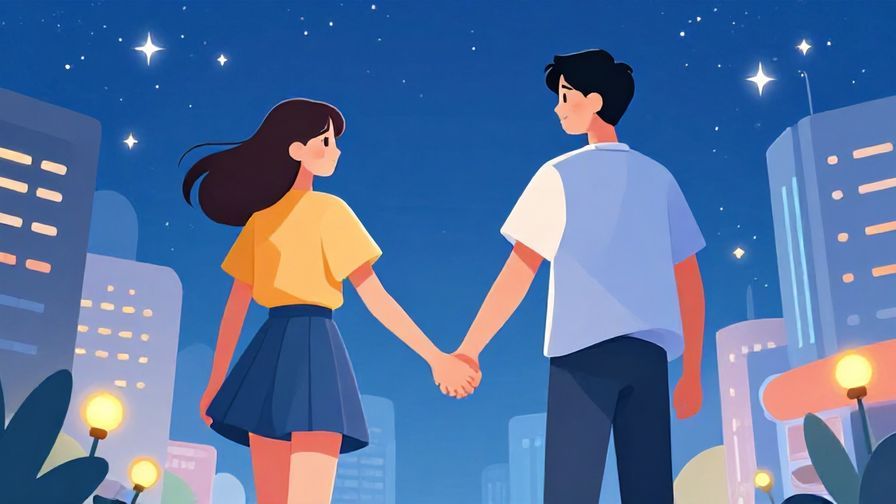 Illustration%20of%20a couple%20holding%20hands%20under%20a%20starry%20sky%2C%20modern%20urban%20setting%2C%20bright%20colors