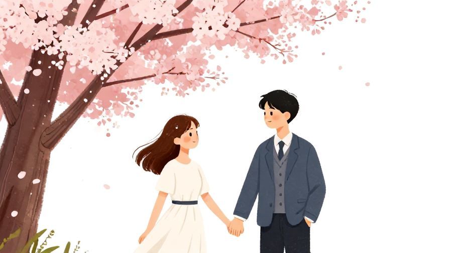 Illustration%20of%20a couple%20holding%20hands%20under%20a%20cherry%20blossom%20tree%2C%20soft%20pink%20petals%20falling%2C%20detailed%20background%2C%20vibrant%20colors%2C%20illustrated%20style
