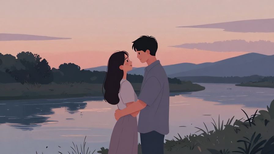 Illustration%20of%20a couple%20standing%20together%20by%20a%20river%20at%20dusk%2C%20soft%20colors%20and%20gentle%20lighting%20conveying%20love%20and%20commitment%2C%20illustrated%20style