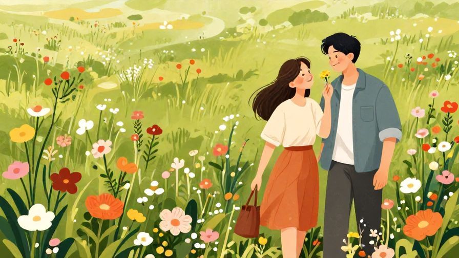 Illustration%20of%20a couple%20walking%20through%20a%20field%20of%20flowers%2C%20one%20person%20smelling%20a%20flower%20with%20a%20content%20smile%2C%20detailed%20background%2C%20vibrant%20colors%2C%20illustrated%20style