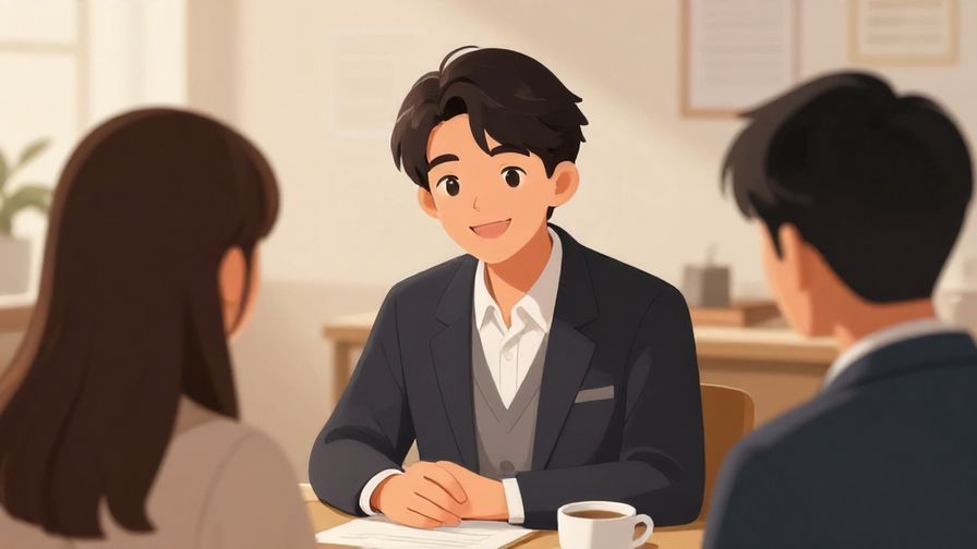 Illustration%20of%20a courteous person smiling gently during a formal meeting, soft lighting