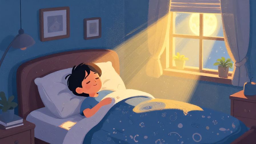 Illustration%20of%20a cozy bedroom with moonlight shining in%2C%20a person smiling and going to sleep%2C%20vibrant%20colors%2C%20illustrated%20style