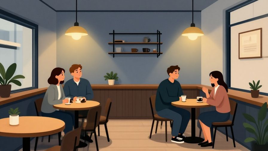 Illustration%20of%20a cozy café interior with two friends noticing the quiet, soft warm light, casual clothing, illustrated style