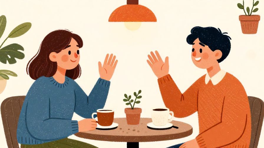 Illustration%20of%20a cozy cafe scene with two friends parting ways, smiling and waving, vibrant colors and illustrated textures