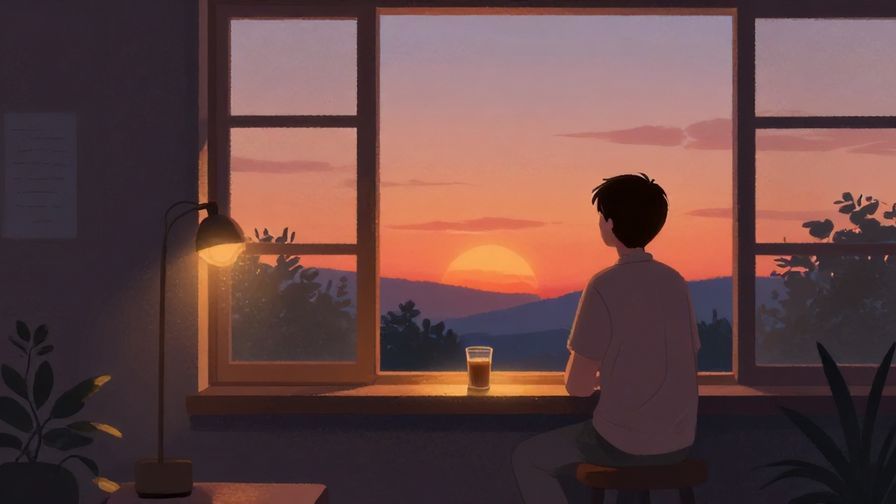 Illustration%20of%20a cozy evening scene with warm lamplight, a person looking at the sunset, calm and peaceful colors, illustrated style