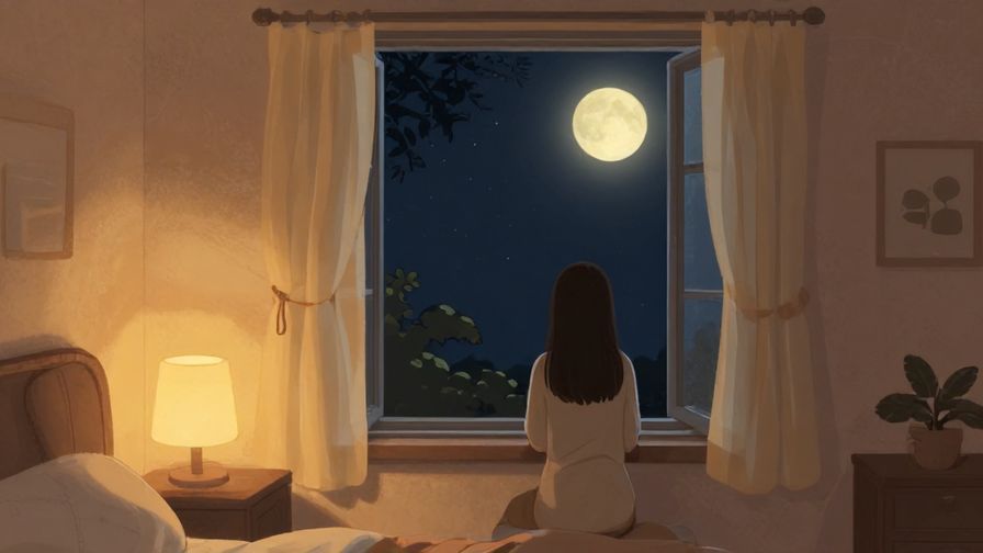 Illustration%20of%20a cozy room%20with%20soft%20lamp%20light%20and%20a%20person%20looking%20out%20a%20window%20at%20the%20moon%2C%20nighttime%2C%20warm%20illustrated%20style