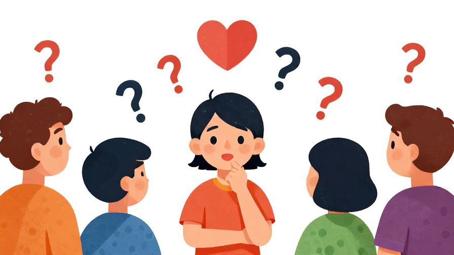 Illustration%20of%20a curious character looking thoughtfully at a group of people, hearts and question marks floating, vibrant colors