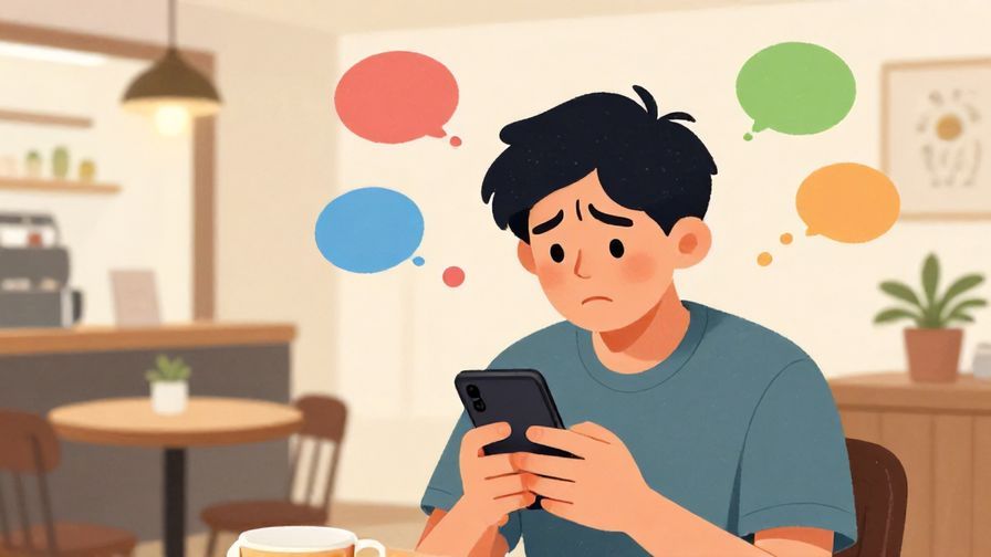 Illustration%20of%20a curious person holding a smartphone, looking puzzled, with colorful thought bubbles around, and a cozy café scene behind, illustrated style