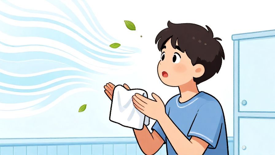 Illustration%20of%20a curious person looking around a room asking for towels, with gentle waves and floating leaves in the background, illustrated style